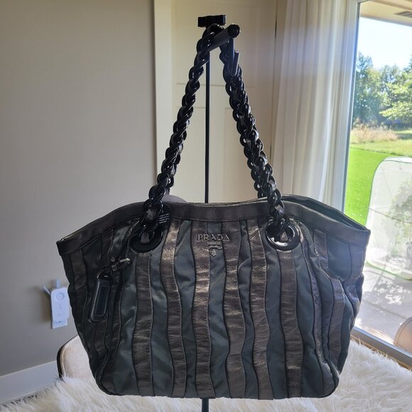 Prada Shoulder Tote Bag Leather Fabric Brown Gray - Picture 3 of 16